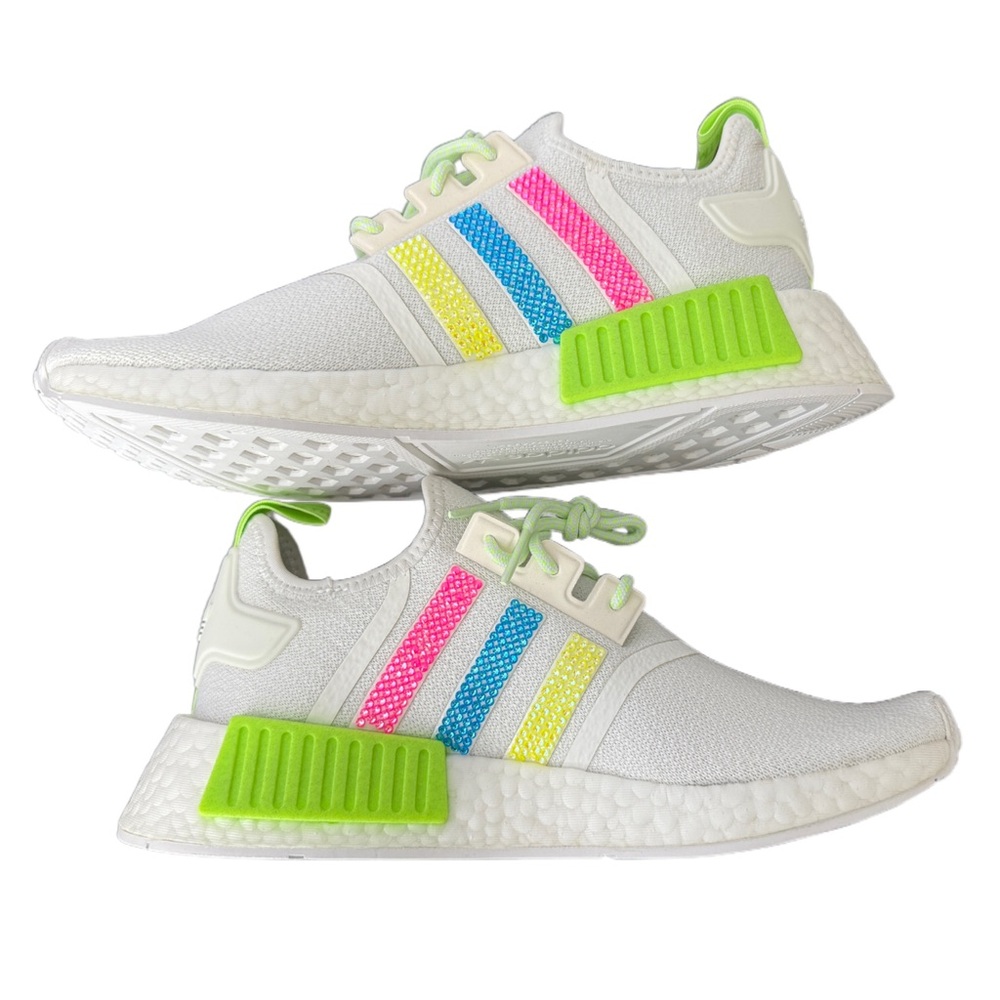 Adidas NMD R1 White Sneakers with custom neon crystals on all 4 logos - Picture 5 of 8